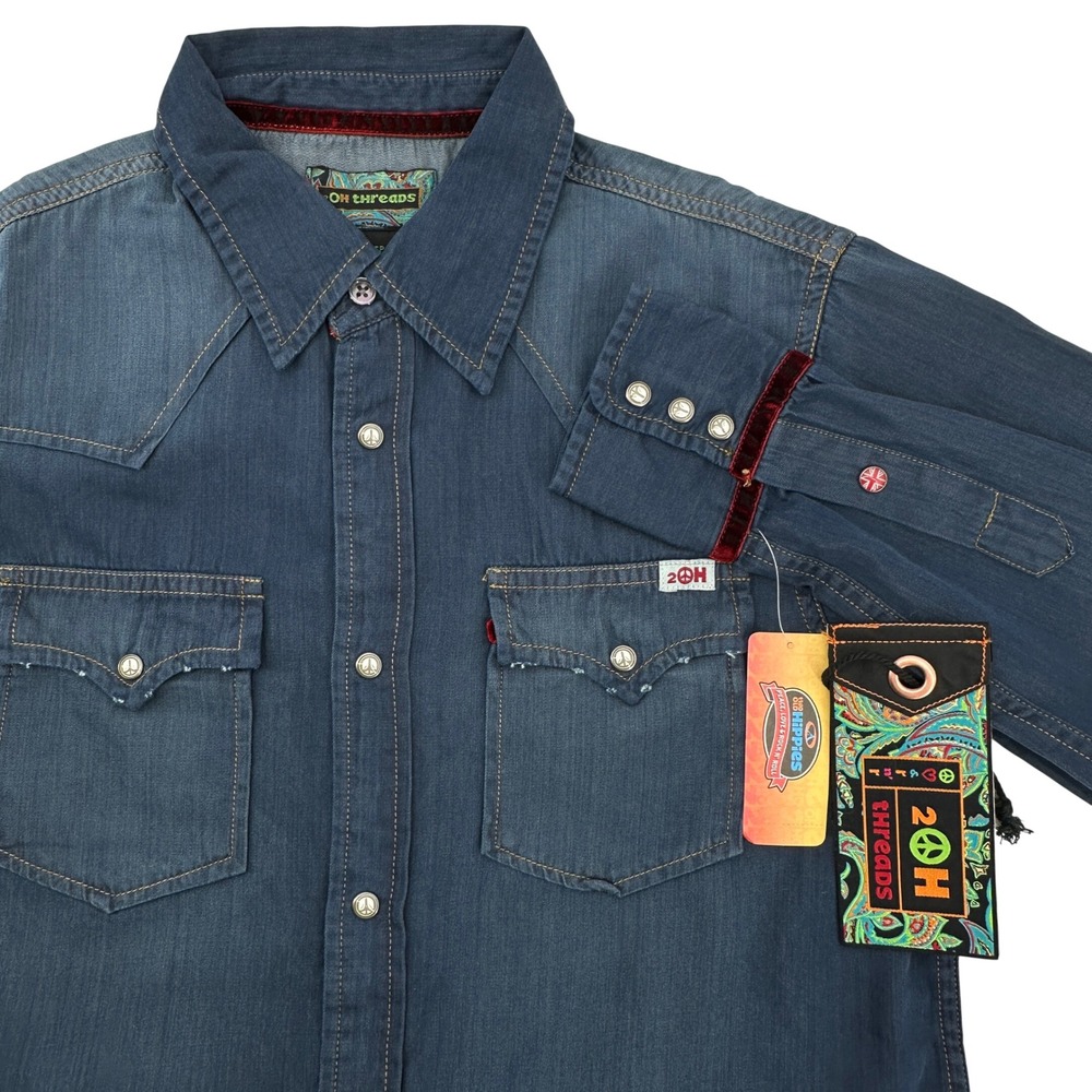2OH Threads 2‎ Old Hippies Denim Western Shirt Womens XS Lightweight Fringe NEW